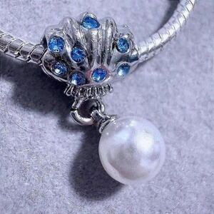 Silver Seashell Charm Bead Blue Crystal Pearl Dangle For Pandora Style Bracelet